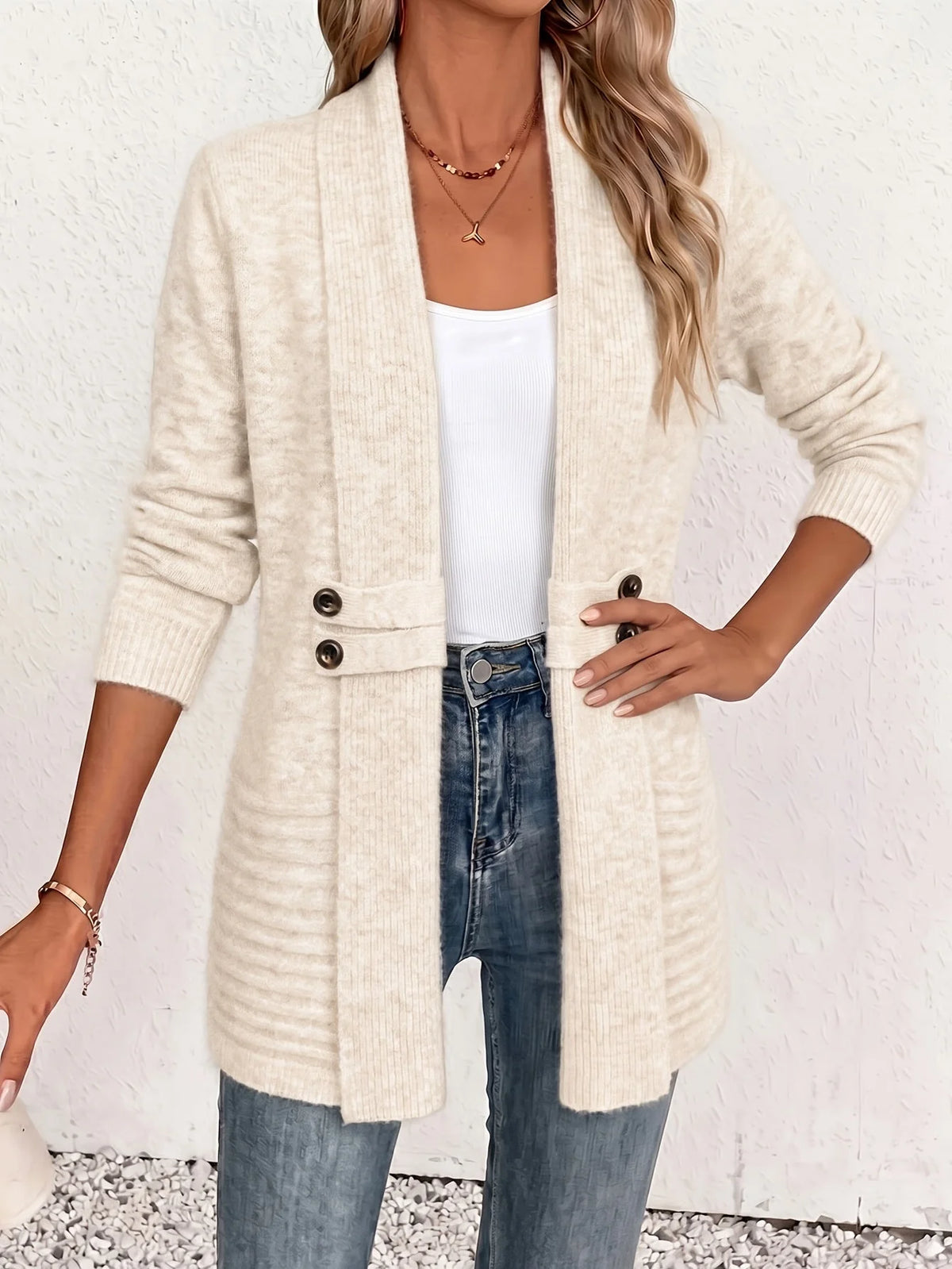 Open Front Button Waist Long Cardigan in Cream