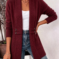 Open Front Button Waist Long Cardigan in Burgundy