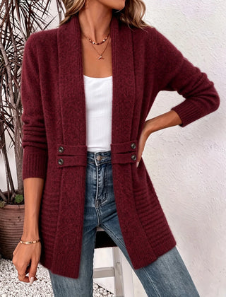 Open Front Button Waist Long Cardigan in Burgundy