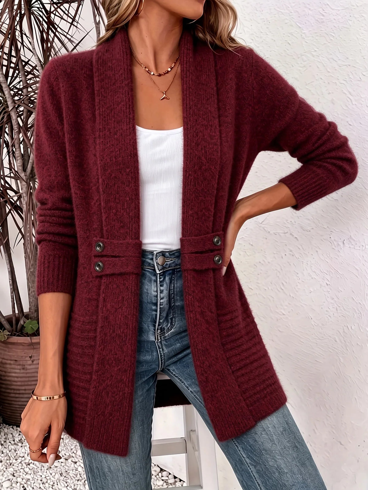 Open Front Button Waist Long Cardigan in Burgundy