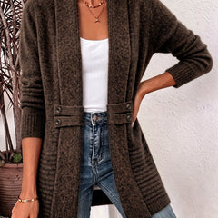 Open Front Button Waist Long Cardigan in Brown