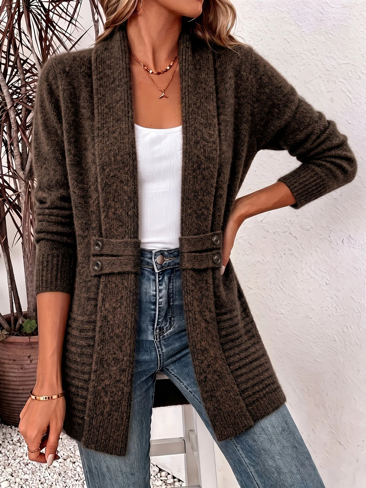 Open Front Button Waist Long Cardigan in Brown