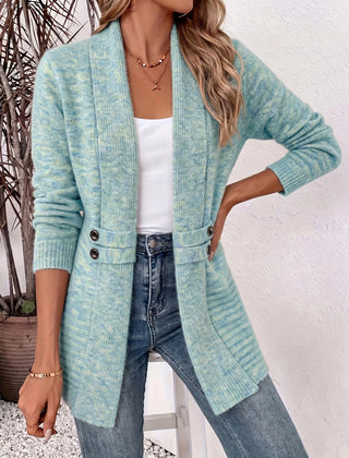 Open Front Button Waist Long Cardigan in Aqua Blue
