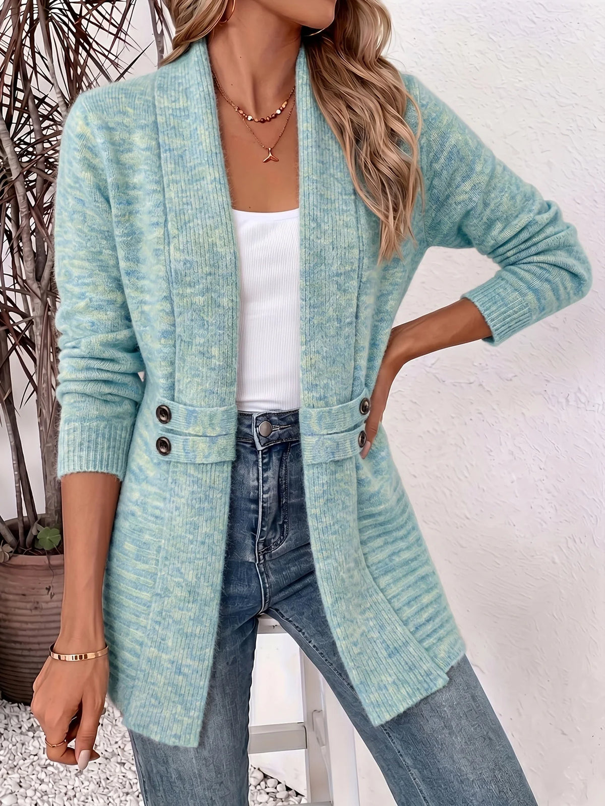 Open Front Button Waist Long Cardigan in Aqua Blue