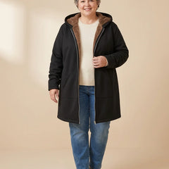 Plush-Lined Hooded Zip Coat worn by a woman with curves