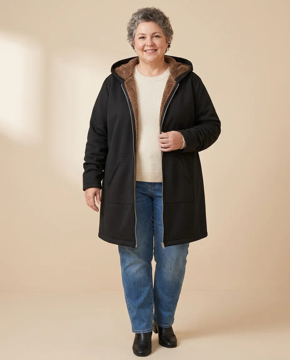 Plush-Lined Hooded Zip Coat worn by a woman with curves
