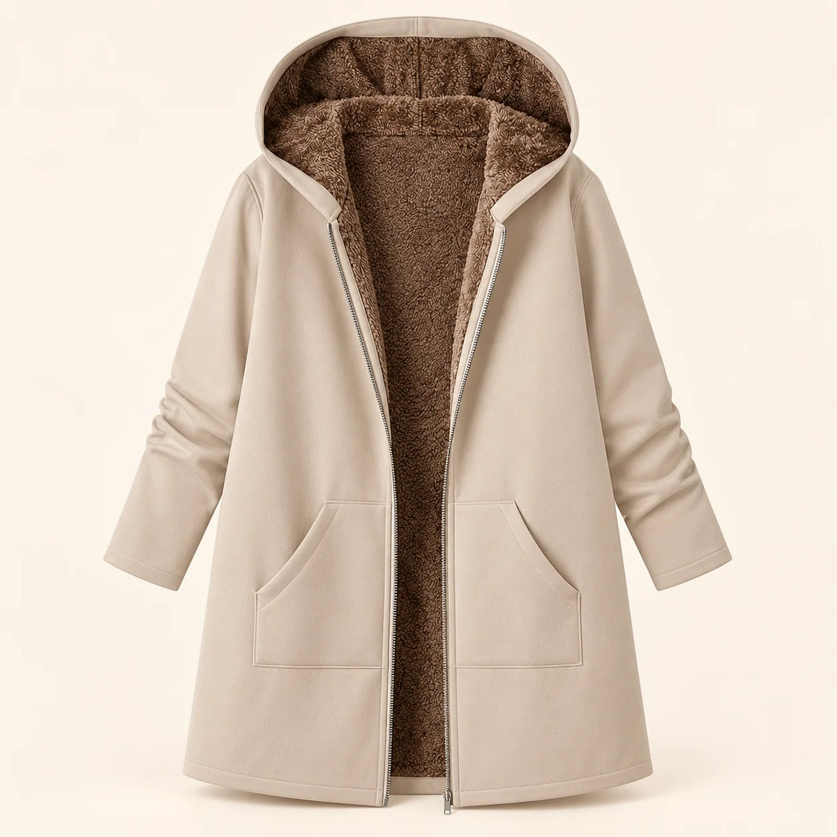 Plush-Lined Hooded Zip Coat in Khaki
