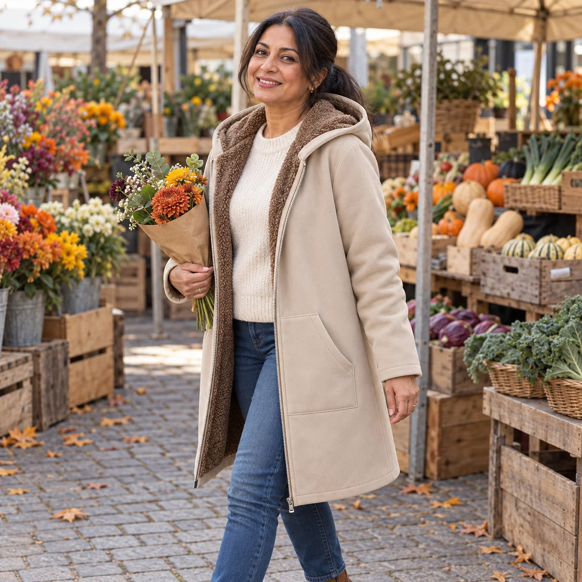 Plush-Lined Hooded Zip Coat in Khaki