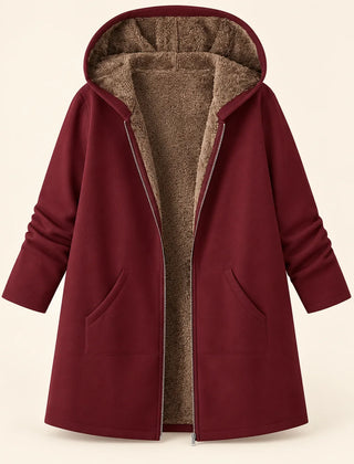 Plush-Lined Hooded Zip Coat in Burgundy