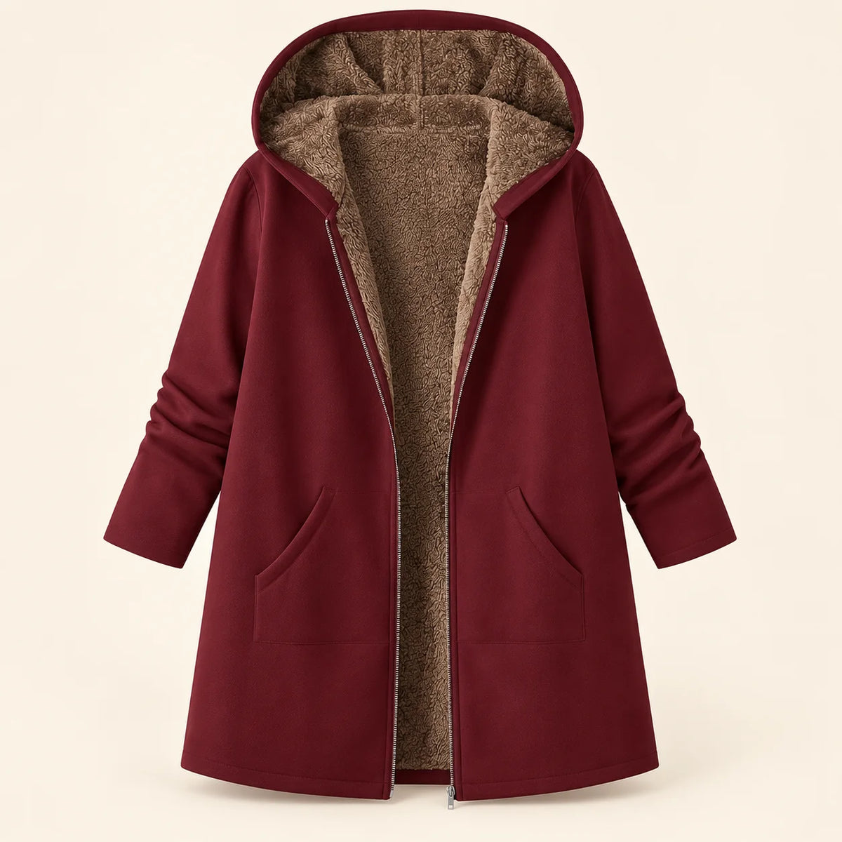 Plush-Lined Hooded Zip Coat in Burgundy