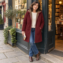 Plush-Lined Hooded Zip Coat in Burgundy