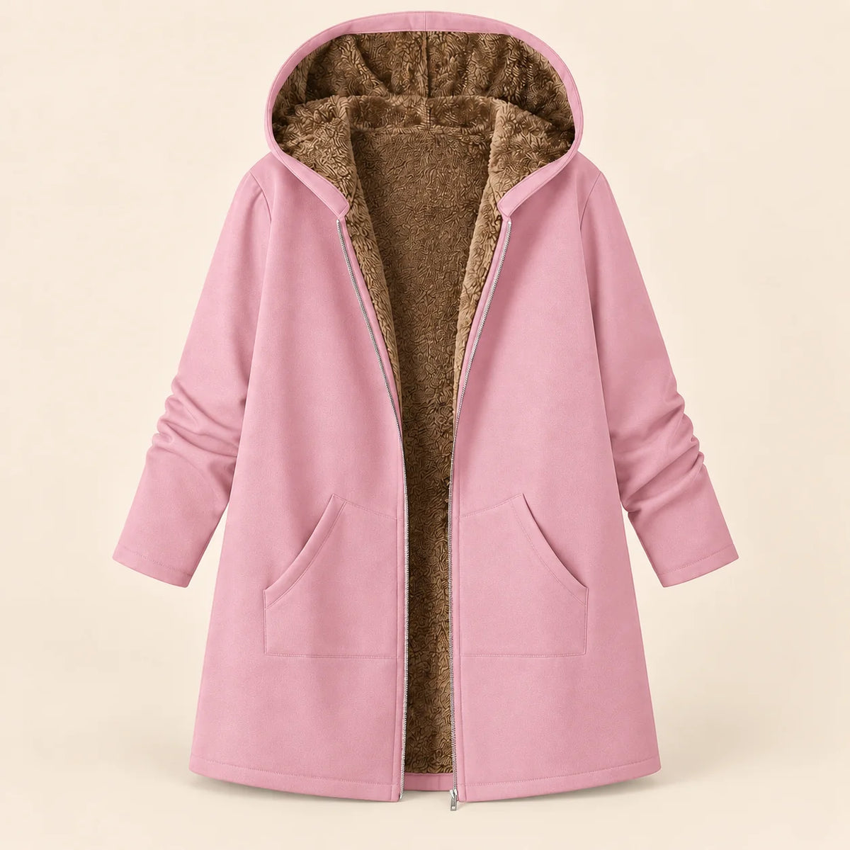 Plush-Lined Hooded Zip Coat in Pink