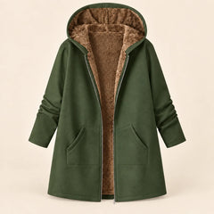Plush-Lined Hooded Zip Coat in Olive Green