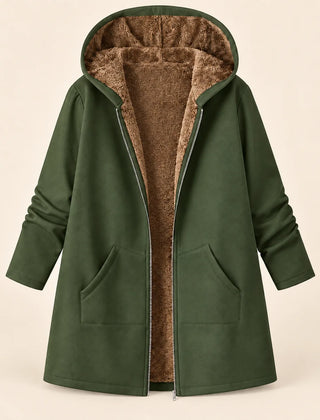 Plush-Lined Hooded Zip Coat in Olive Green