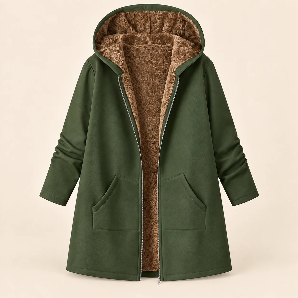 Plush-Lined Hooded Zip Coat in Olive Green