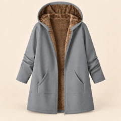 Plush-Lined Hooded Zip Coat in Light Gray
