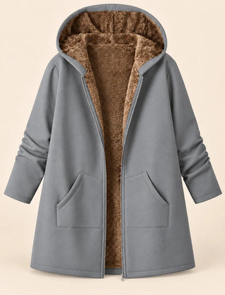 Plush-Lined Hooded Zip Coat in Light Gray