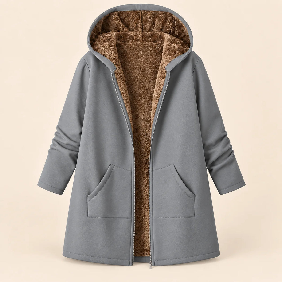 Plush-Lined Hooded Zip Coat in Light Gray