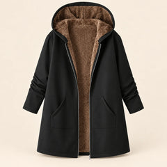 Plush-Lined Hooded Zip Coat in Black