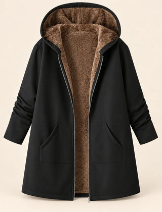 Plush-Lined Hooded Zip Coat in Black