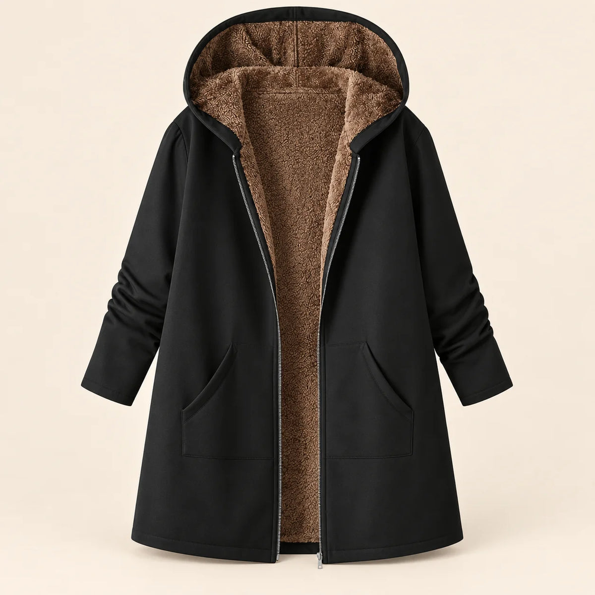 Plush-Lined Hooded Zip Coat in Black