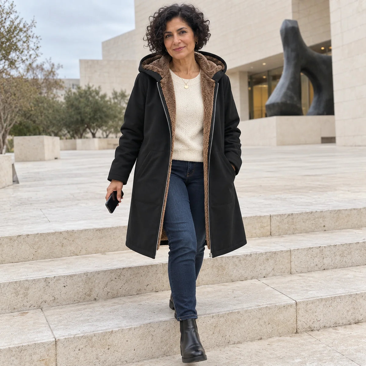 Plush-Lined Hooded Zip Coat in Black