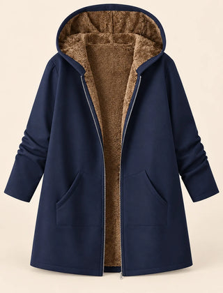 Plush-Lined Hooded Zip Coat in Navy
