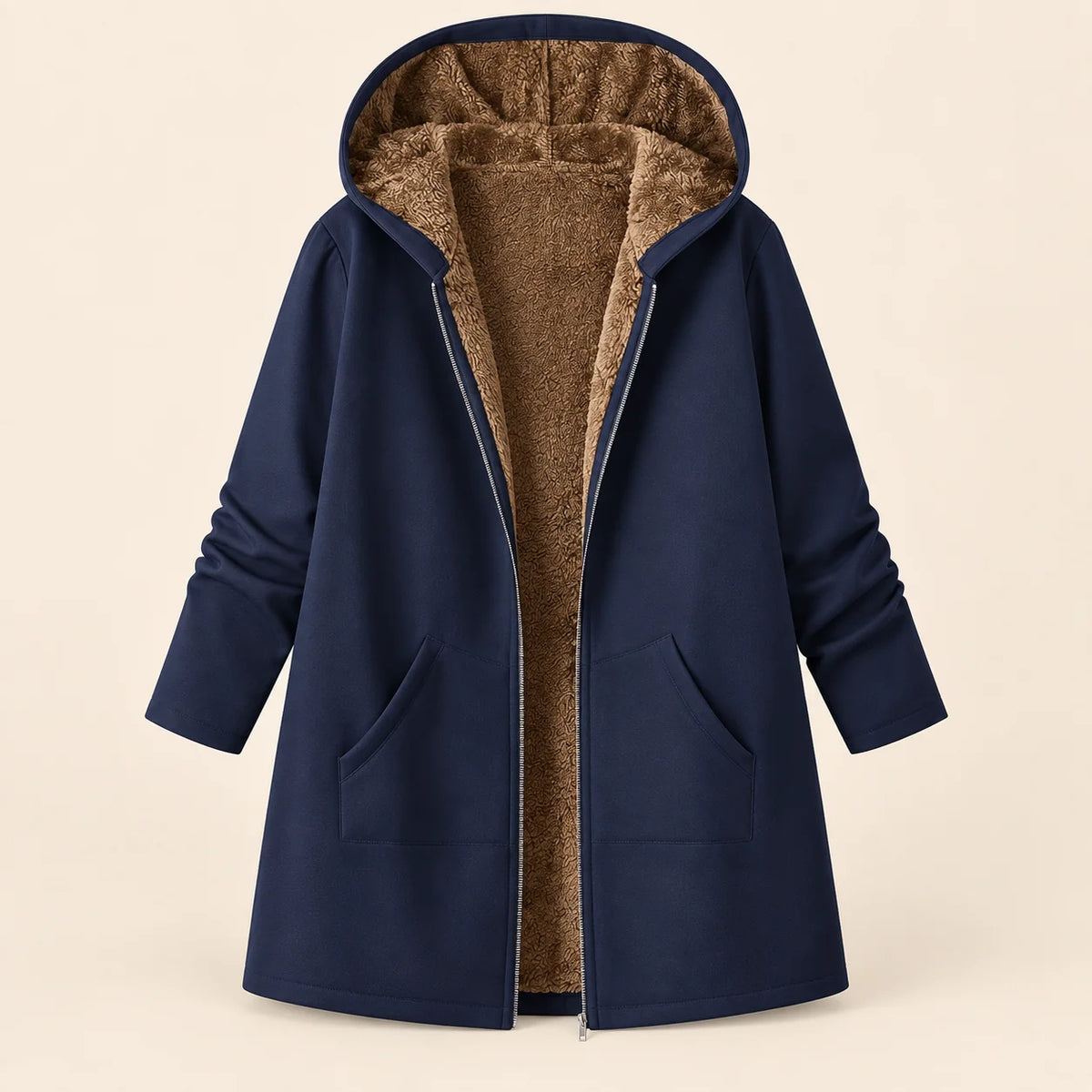 Plush-Lined Hooded Zip Coat in Navy
