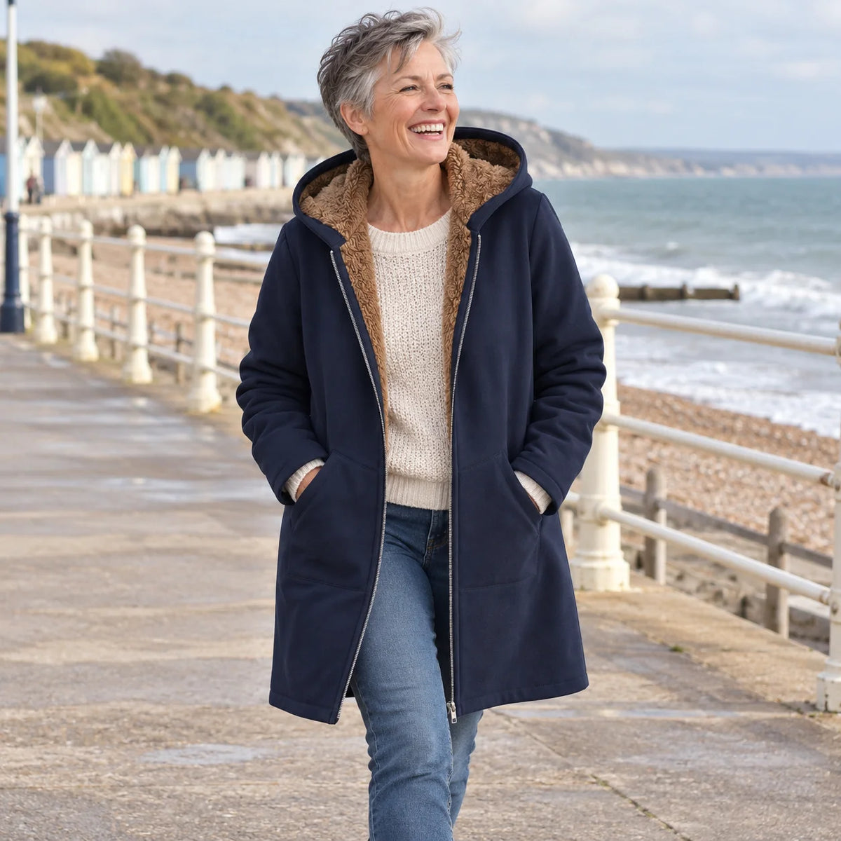 Plush-Lined Hooded Zip Coat in Navy