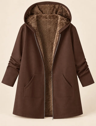 Plush-Lined Hooded Zip Coat in Coffee Brown