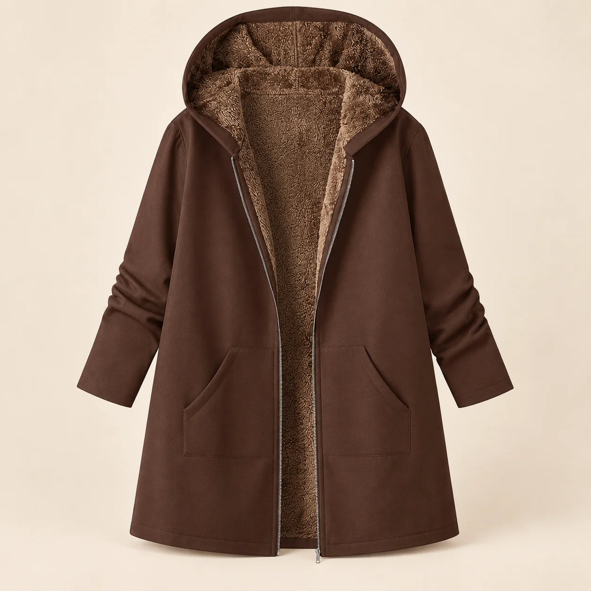 Plush-Lined Hooded Zip Coat in Coffee Brown