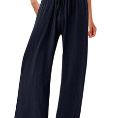 Navy Olwen | Loose Cotton Linen Wide-Leg Pants for Women | Casual