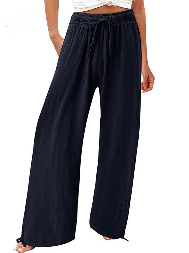Navy Olwen | Loose Cotton Linen Wide-Leg Pants for Women | Casual