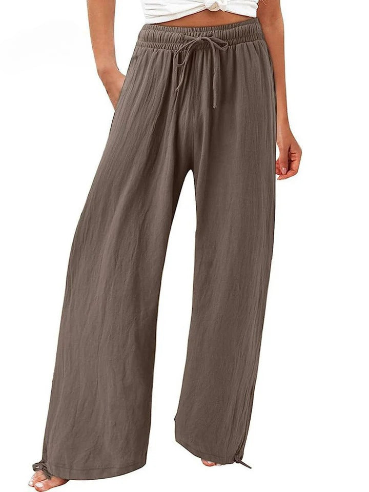 Coffee Brown Olwen | Loose Cotton Linen Wide-Leg Pants for Women | Casual