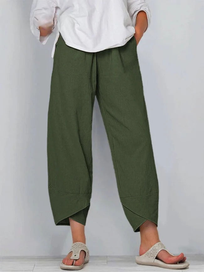 Dark Green Bryndis | Cotton Linen Wide-Leg Pants for Women | Summer Casual