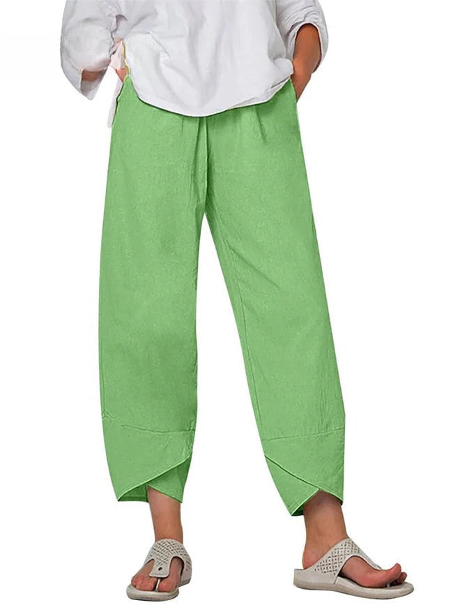 Green Bryndis | Cotton Linen Wide-Leg Pants for Women | Summer Casual