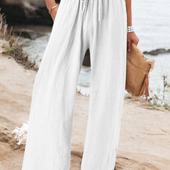 White Olwen | Loose Cotton Linen Wide-Leg Pants for Women | Casual