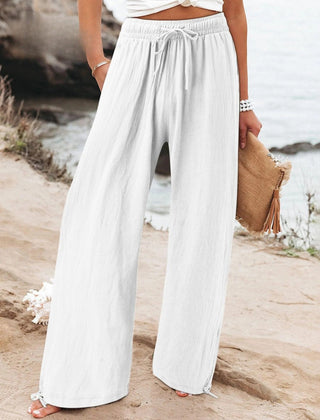 White Olwen | Loose Cotton Linen Wide-Leg Pants for Women | Casual