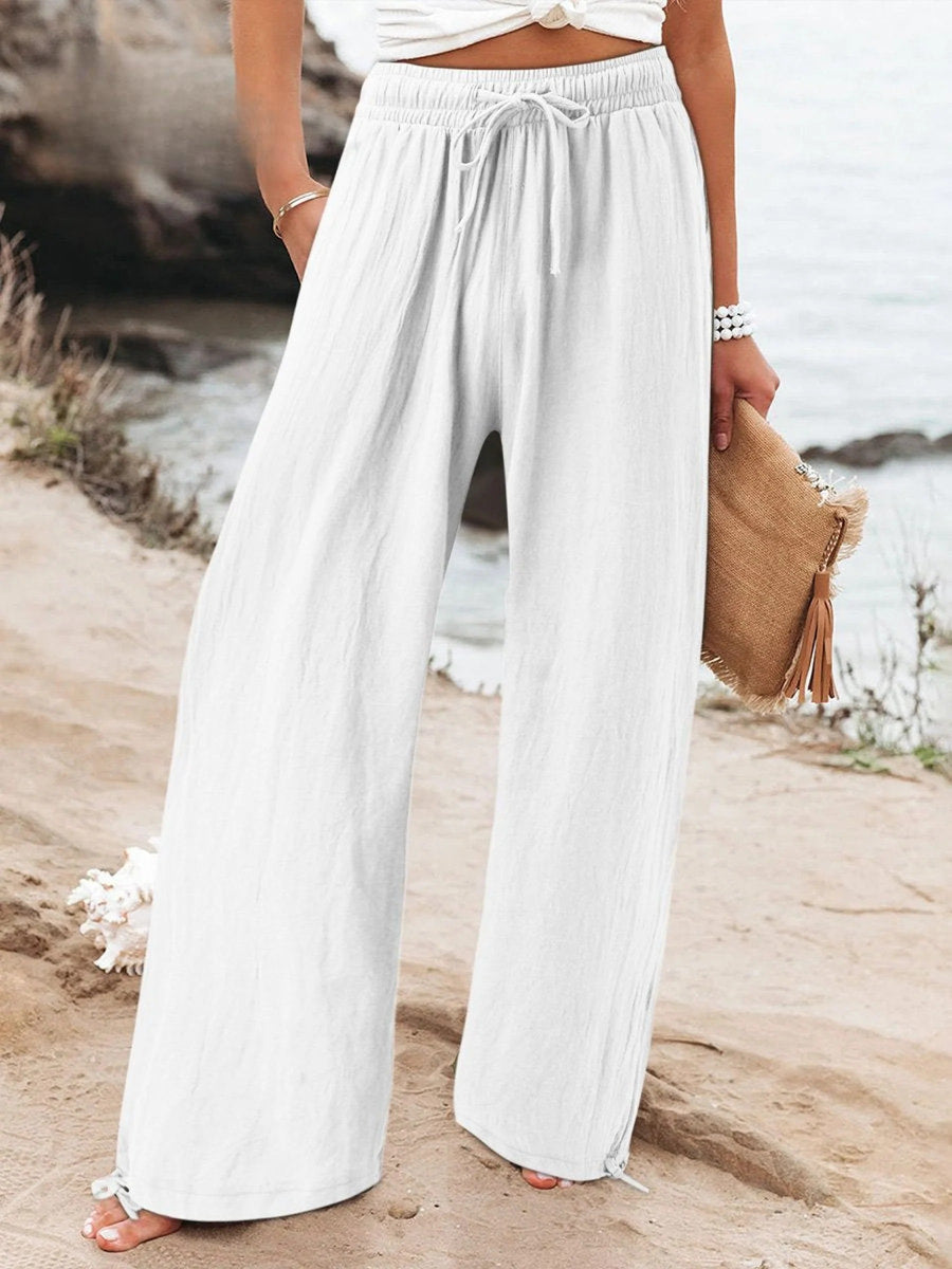White Olwen | Loose Cotton Linen Wide-Leg Pants for Women | Casual