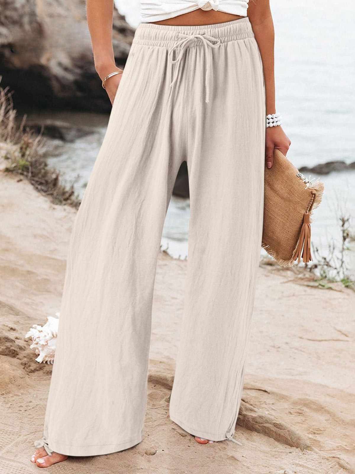 Almond Olwen | Loose Cotton Linen Wide-Leg Pants for Women | Casual