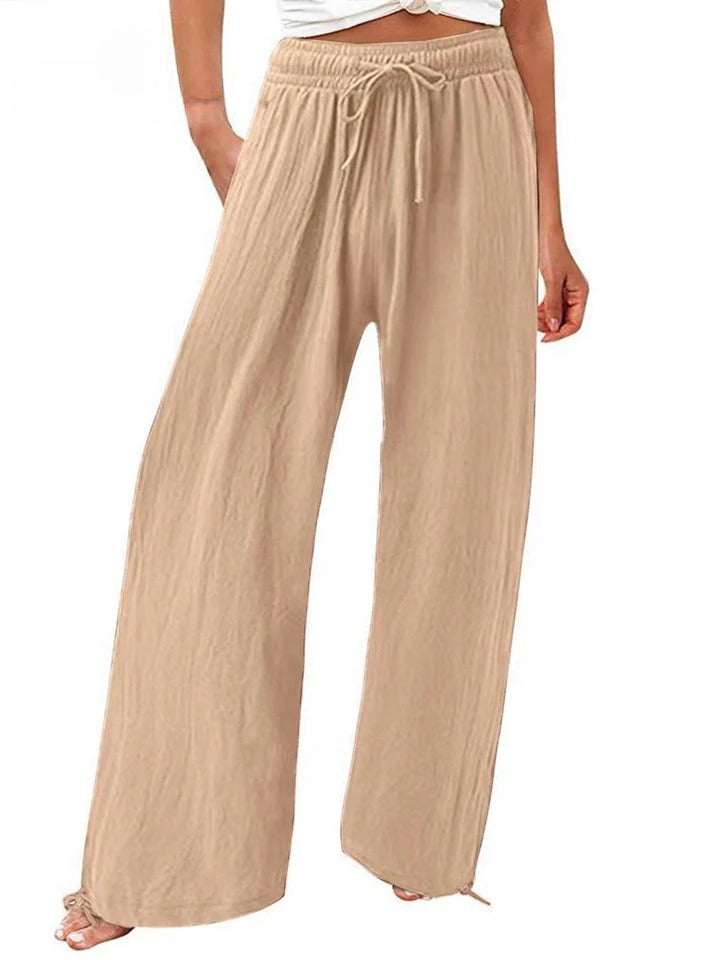 Khaki Olwen | Loose Cotton Linen Wide-Leg Pants for Women | Casual