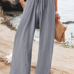 Grey Olwen | Loose Cotton Linen Wide-Leg Pants for Women | Casual