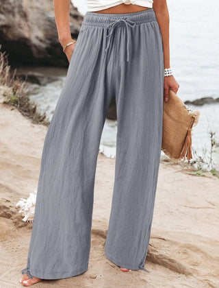 Grey Olwen | Loose Cotton Linen Wide-Leg Pants for Women | Casual