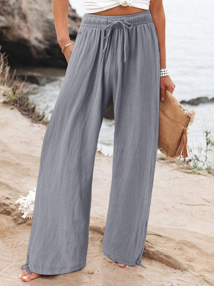 Grey Olwen | Loose Cotton Linen Wide-Leg Pants for Women | Casual