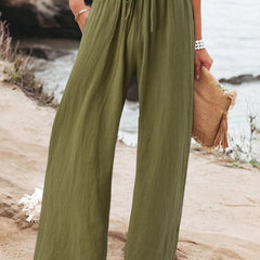 Army Green Olwen | Loose Cotton Linen Wide-Leg Pants for Women | Casual
