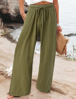 Army Green Olwen | Loose Cotton Linen Wide-Leg Pants for Women | Casual