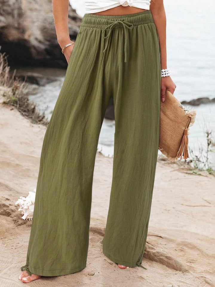 Army Green Olwen | Loose Cotton Linen Wide-Leg Pants for Women | Casual