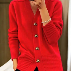 Juliette Heart-Button Cardigan in Red