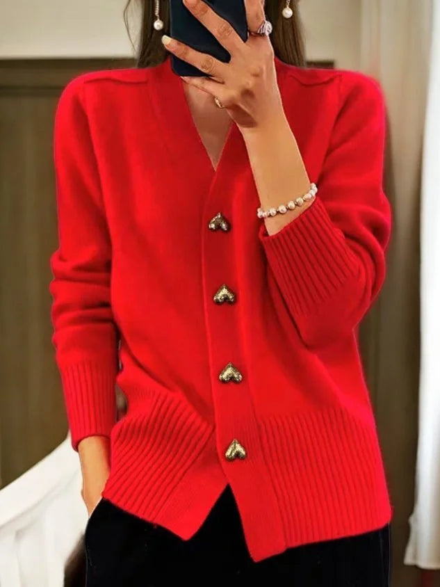 Juliette Heart-Button Cardigan in Red