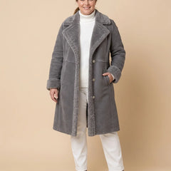 Plush Lapel Long Coat worn by a woman with curves